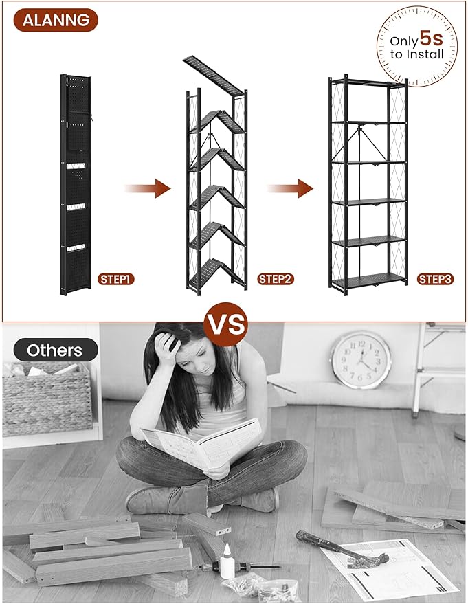 ALANNG 73.6 Inch Folding Bookshelf, 6 Tier Metal Bookcase and Bookshelves, Tall Shelves for Living Room Office Bedroom, Heavy Duty Book Shelve Free Standing Open (Black, 1PACK)