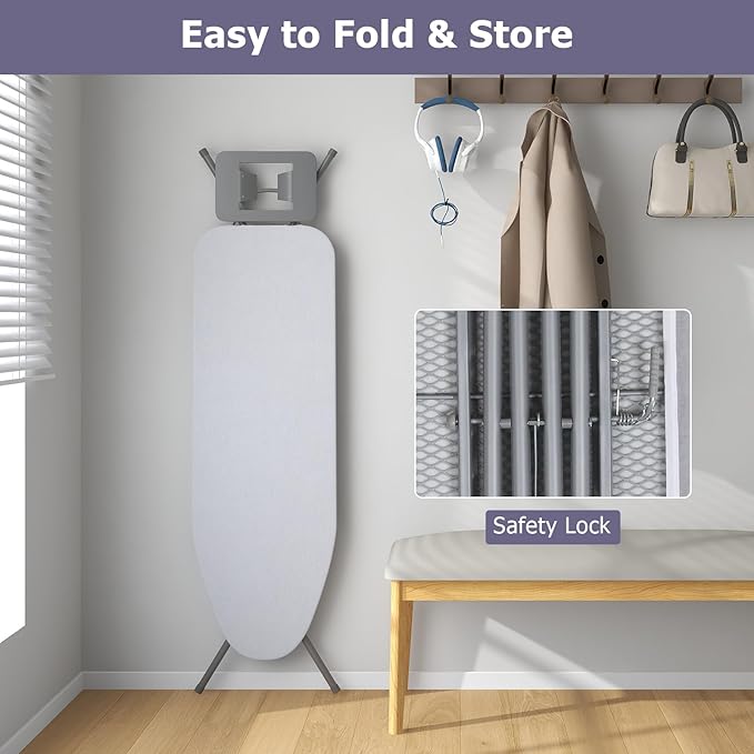GOFLAME Folding Ironing Board, Height Adjustable Ironing Board w/Iron Rest, Removable Cover, Sturdy Metal Frame, 48.5" x 15.5" Compact & Portable Ironing Board for Household (Grey)