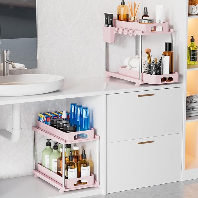 Under Sink Organizer, 2 Pack Kitchen and Bathroom Cabinet Organizer, 2 Tier Adjustable Height Storage, Pink-NeatNest