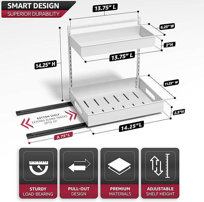 Sorbus Under Sink Organizer with Sliding Tracks – Pull Out Cabinet Organizer with Drawer & Installation Rails – Under Cabinet Bathroom Storage Organizer for Kitchen, Pantry, or Vanity –White 1 Pack-NeatNest