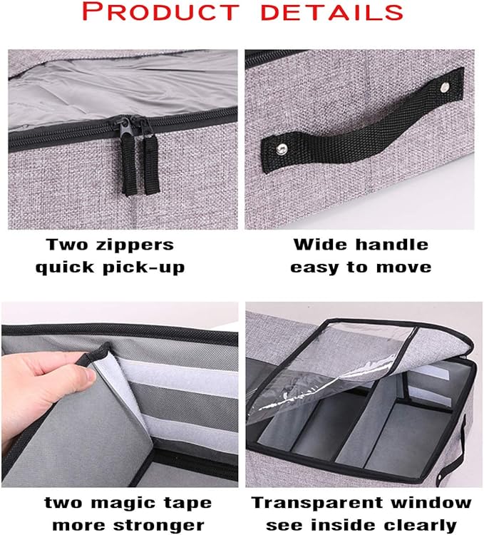 AARAINBOW 2 Packs Foldable Under Bed Clothes Organizer with Lids, Underbed Storage Container with Adjustable Dividers, UnderBed Storage Bins with Handles and Clear Window (Gray+Light Gray)-NeatNest