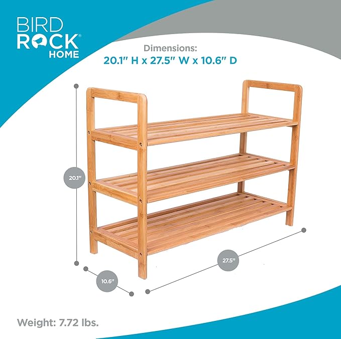 BirdRock Home Bamboo Shoe Rack Organizer for Entryway, Closet, or Front Door - Stackable Wooden Storage Shelf for Small Spaces, Indoor or Outdoor, Decorative Brown Madera - Elegant, Simple - 3 Tier-NeatNest