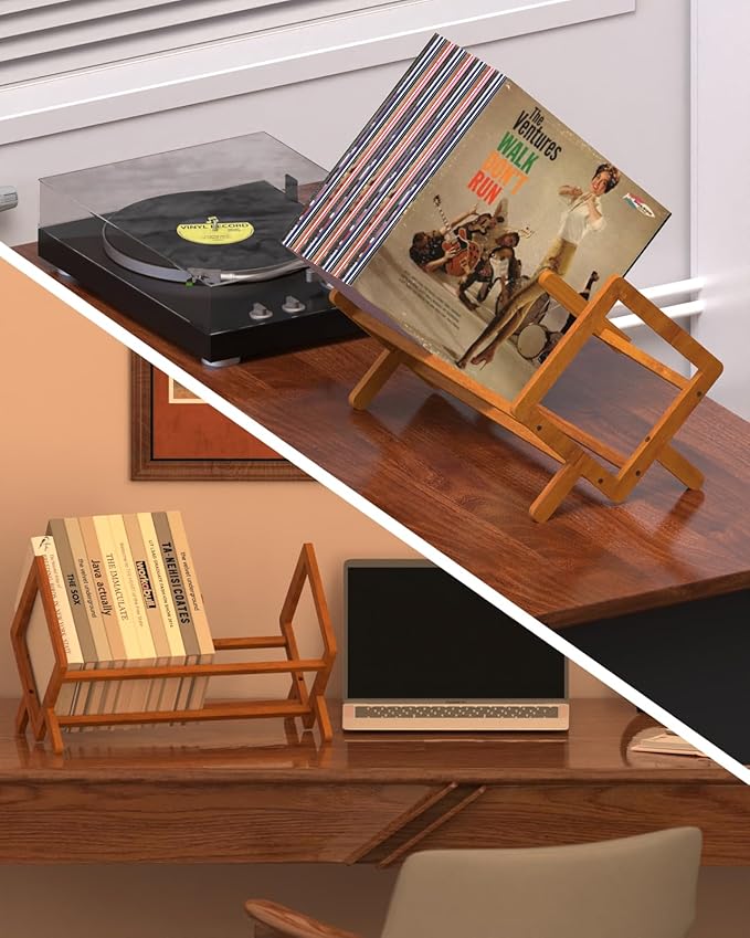 Bamboo Vinyl Record Holder Stand, Magazine Holders Desktop Bookshelf Storage Rack With Divider, Holds up to 80-100 LPs, Classical Design Organizer Rack for Files Book Notebook Magazine Vinyl Record-NeatNest
