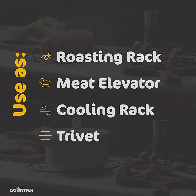 GOURMEX Black Oval Roasting Rack with Integrated Feet | Stainless Steel Kitchen Rack With Non-Stick Coating, PTFE Free | Oven and Dishwasher Safe | Ideal for Cooking, Roasting, Drying, Grilling