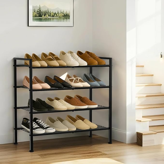 Simple 4 Tier Shoe Rack,Metal Stackable Shoe Storage Organizer for Closet,Entryway, Bedroom, Black (Black, 4-Tier)-NeatNest
