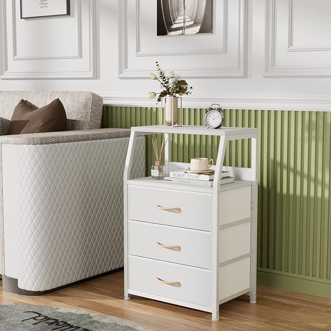 Furnulem White Nightstand with 3 Drawers and 2-Tier Shelf, Small Night Stand End Table Side Furniture, Fabric Storage Organizer for Bedroom, Closet, Hallway, Nursery, Sturdy Steel Frame, Wood Top-NeatNest