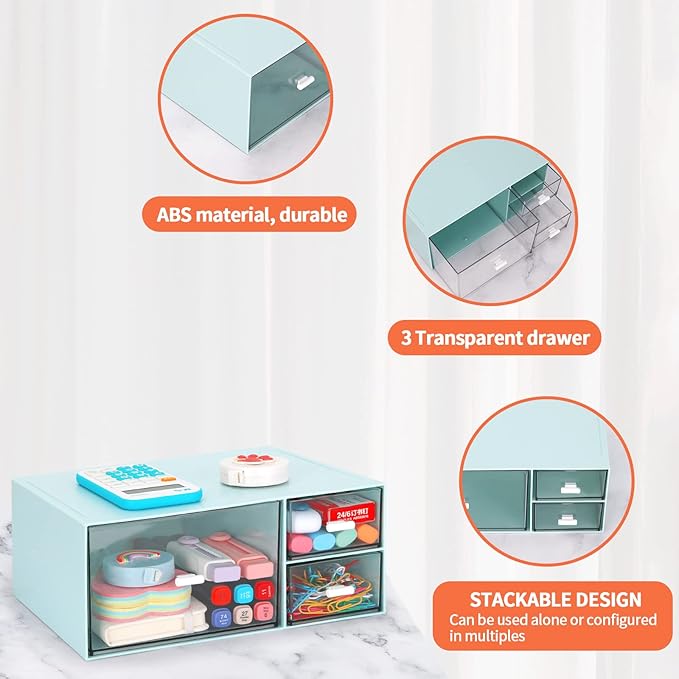 LETURE Desk Office Stationery Organizer with 3 Drawers, Desktop Vanity Makeup Organizer, Plastic Sundries Cosmetic Storage Organizer for Bathroom Counter or Dresser (Blue-3 Drawer)-NeatNest