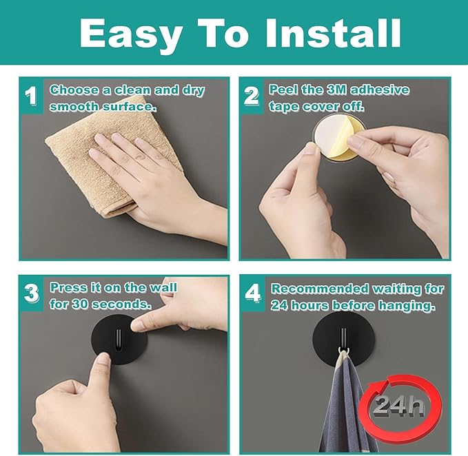 Black Adhesive Hooks 2pcs, Bathroom Towel Heavy Duty Wall Hook 304 Stainless Steel Waterproof for Hanging Robes Towels Hats Bathroom Shower Kitchen-NeatNest