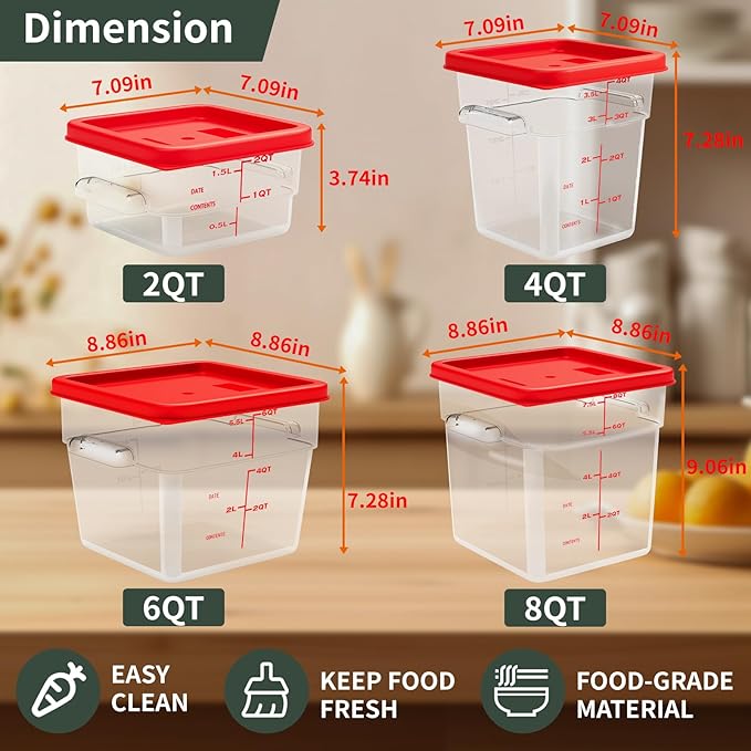 2 Quart Set of 4 Food Storage Containers,Food Containers with Lids and Handles,Square Commercial Food Containers for Kitchen, Restaurant,Refrigeration etc