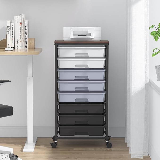 Rolling Cart with Drawers,Utility Cart with 8 Drawers and Wooden Tabletop for Living Room,Classroom,Bedroom,Bathroom,Dorm,Office,Dark Grey