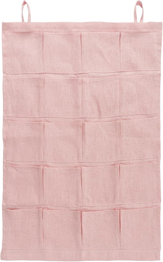 100% Linen Hanging Storage Bag with 20 Pockets, Wall Hang Over The Door Closet Organizer for Socks Underpants, Pink