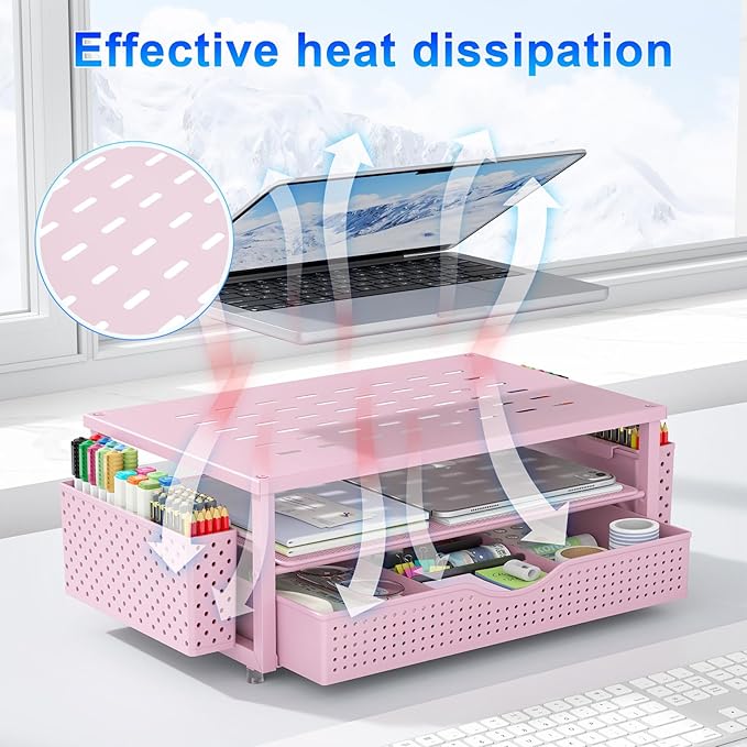 gianotter Desk Organizers and Accessories, Monitor Stand with Drawer and 2 Pen Holder, Desktop Organizer Suitable for Offices and Dormitories (Pink)-NeatNest