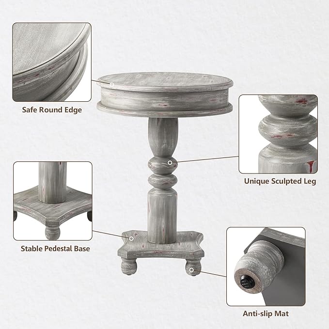 COSIEST Set of 2 Rustic Accent Side Table, Farmhouse Wood Pedestal Table Round End Table for Living Room, Bedroom, Distressed Whitewash Finish, Grey Color-NeatNest