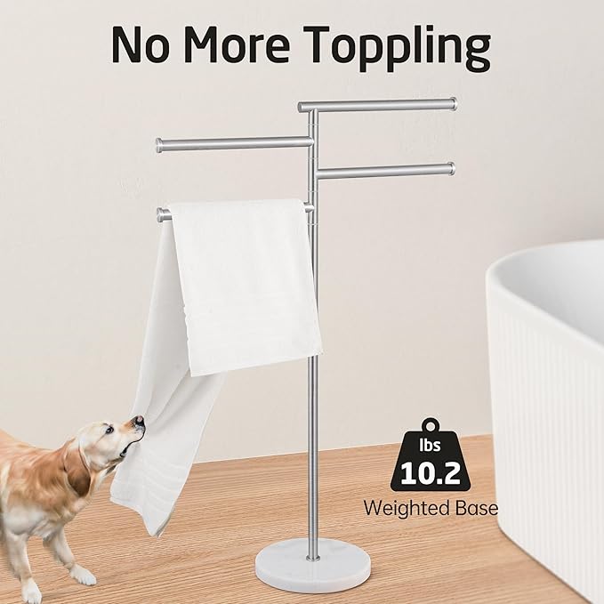 KES Free Standing Towel Racks for Bathroom, Towel Stand with Natural Marble Base, 40 Inch 4 Swivel Bars Floor Towel Rack Stand, Premium 18/8 Stainless Steel, Brushed Finish, BTH219S4-2