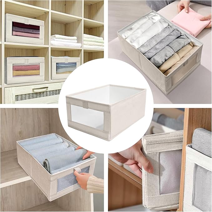 4 Pack Linen Closet Organizers and Storage, Closet Storage Bins Linen Closet Baskets for Closet Organization Foldable Closet Organizer Bins with Clear Window for Organizing Clothing, Beige-NeatNest