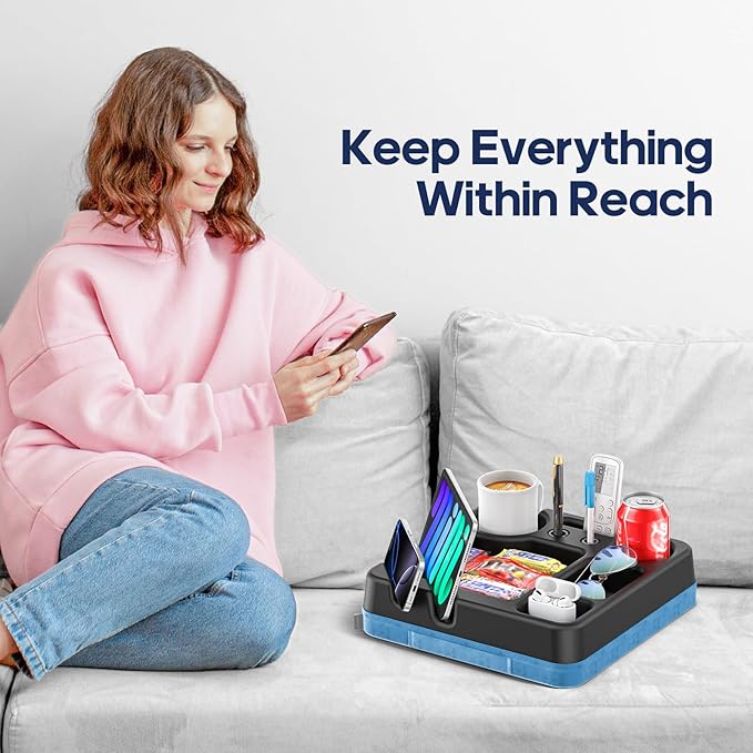 Couch Cup Holder Tray Couch Cup Holder Pillow Bed Tray Snack Sofa Bed Caddy Organizer Beach Sofa Drink Holder Anti-Spill Portable Snack Caddy Couch Remote Holder for Phone Pad Kindle Beverage Blue-NeatNest