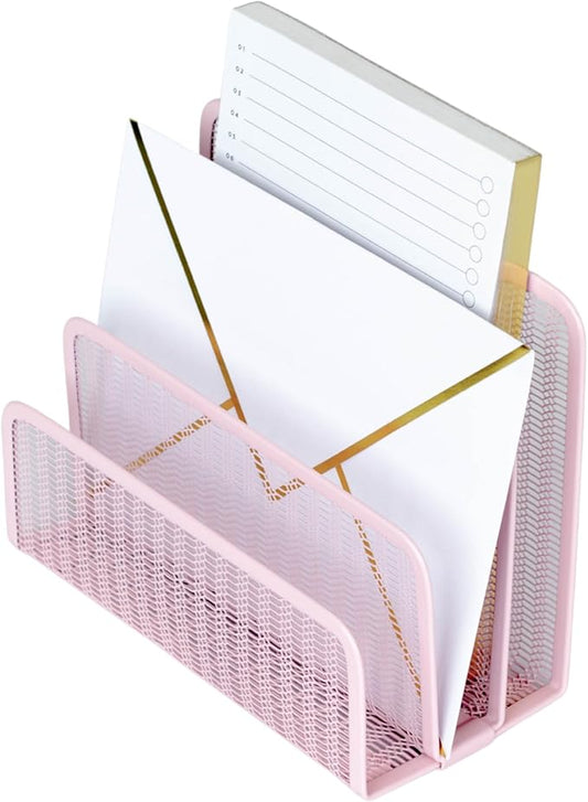 BLU MONACO Pink Metal Mesh Letter Sorter – 3-Slot Mail Organizer for Desk, Office & Home – Space-Saving Vertical Mail Holder for Envelopes, Documents & Files – Stylish Desk Organizer-NeatNest