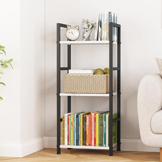 Bookshelf Storage Shelf Bookcase, 3 Tier Industrial Bookcase,Small Book case for Living Room, Bedroom, and Home Office, Easy Assembly Free Combination Multi-Functional Organizer(3 Tier,White Marble)-NeatNest