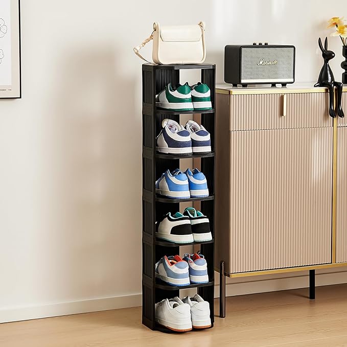 Small Shoe Rack, 7 Tier Plastic Vertical Shoe Rack for Small and Narrow Spaces, Free Standing Shoe Organizer for Closet, Entryway (Black)-NeatNest
