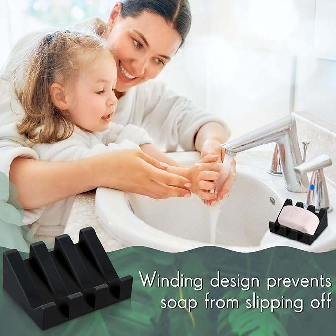 Cunhill 2 Pieces Silicone Soap Dish Self Draining Soap Dish Shower Waterfall Bar Soap Holder Tray with Drain Soap Saver for Kitchen Bathroom Accessories (Black)-NeatNest
