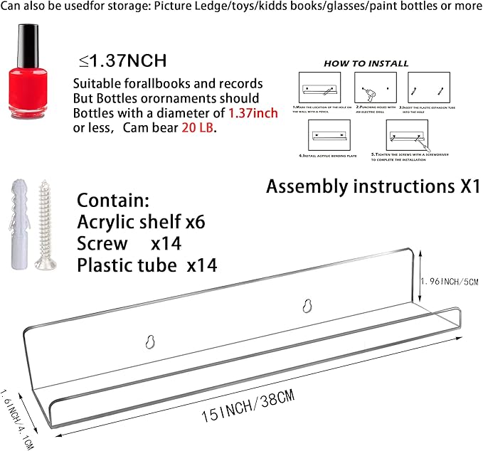 Acrylic Floating Acrylic Invisible Kids Floating Bookshelf for Kids Room Wall Shelves, Funko Pop Display Picture Ledge Shelf Decor, Bathroom Wall Shelves,Clear(6Pack,1.6x15inches)