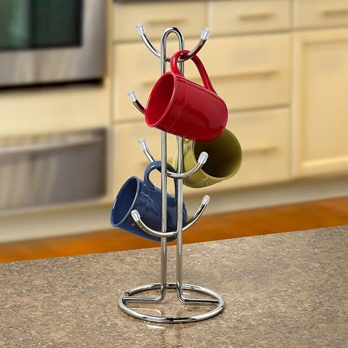 FitWell Mugs Holder, Mug Tree, Coffee Mug Holder, Coffee Mug Tree, Mug Organizer for Cabinet, Mug Holder Stand, Coffee & Tea Cup Storage Rack (Chrome, 8 Mugs Holder (17.5"H))-NeatNest