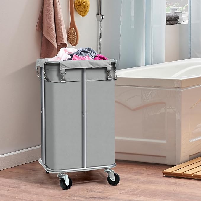 Laundry Basket with Wheels, Rolling Laundry Hamper with Removable Bag, 100L Laundry Sorter Cart, Tall Narrow Slim Clothes Hamper Organizer with Sturdy Metal Frame, Grey
