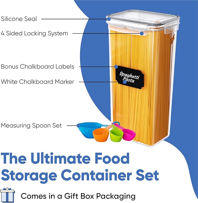 Chef's Path Kitchen Storage Box – Set of 14 Airtight Food Containers – Kitchen and Pantry Organisation – BPA-Free Plastic Food Storage Box – Labels, Marker and Spoons