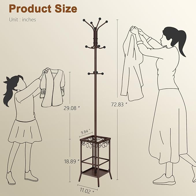 Hoctieon Coat Rack Freestanding, Coat Tree with Umbrella Holder, Metal Coat Rack Stand with 12 Hooks, Standing Coat Hanger Stand, Umbrella Stand for Entryway, Hat Rack Stand for Home Office, Brown