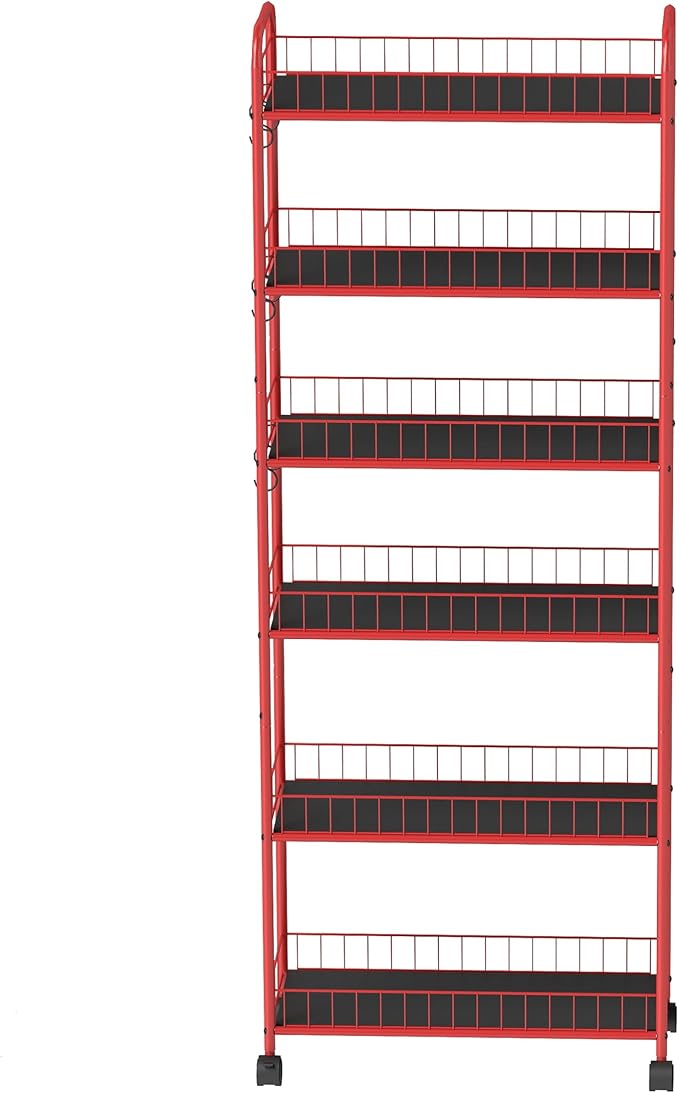 6 Tier Slim Storage Cart with Wheels Metal Rolling Organizer Utility Cart Narrow Mobile Shelving Unit Tiered Storage Shelf on Wheels for Kitchen Bathroom (Red, 10")