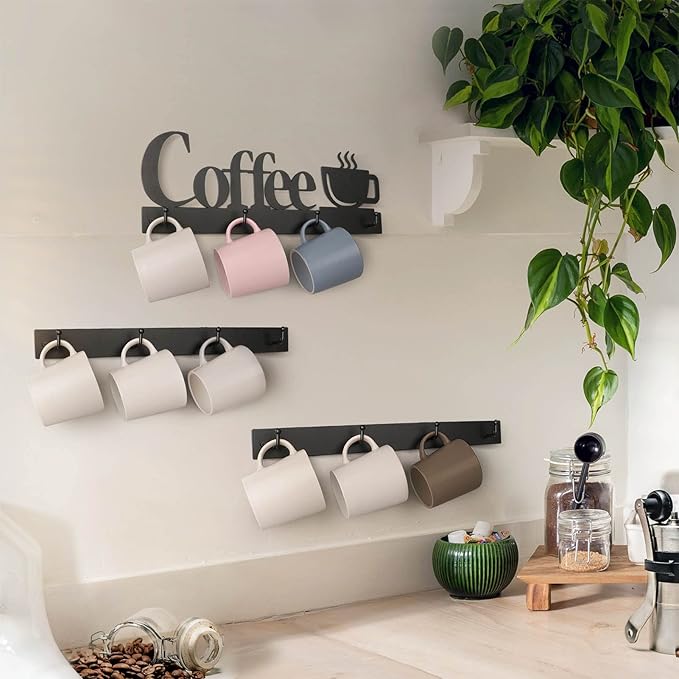HULISEN Coffee Mug Wall Rack, Coffee Cup Holder Wall Mounted with 12 Heavy Duty Hooks and Metal Coffee Sign, Rustproof Tea Cup Hanger Display Decor for Coffee Bar, Kitchen, Office-NeatNest