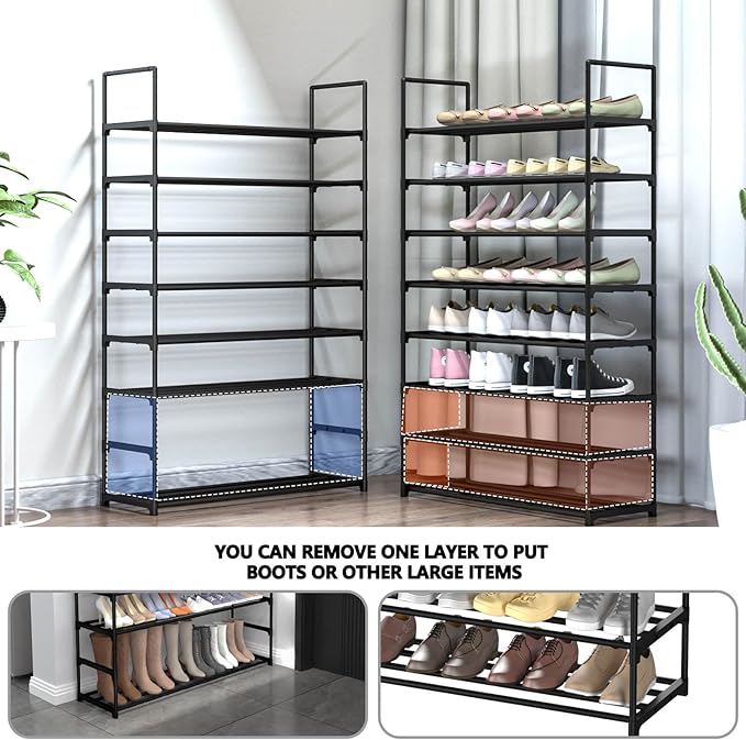 8 Tiers Metal Shoe Rack,Adjustable Shoe Shelf Storage Organizer with Hooks,Stackable Boot & Shoe Storage,for Entryway,Hallway,Closet,Black-NeatNest