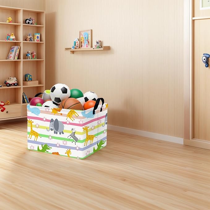 Cute Rectangle Woodland Animal Baby Girl Basket Nursery Playroom Bedroom Decor Clothes Toy Basket (Colorful Animals)-NeatNest