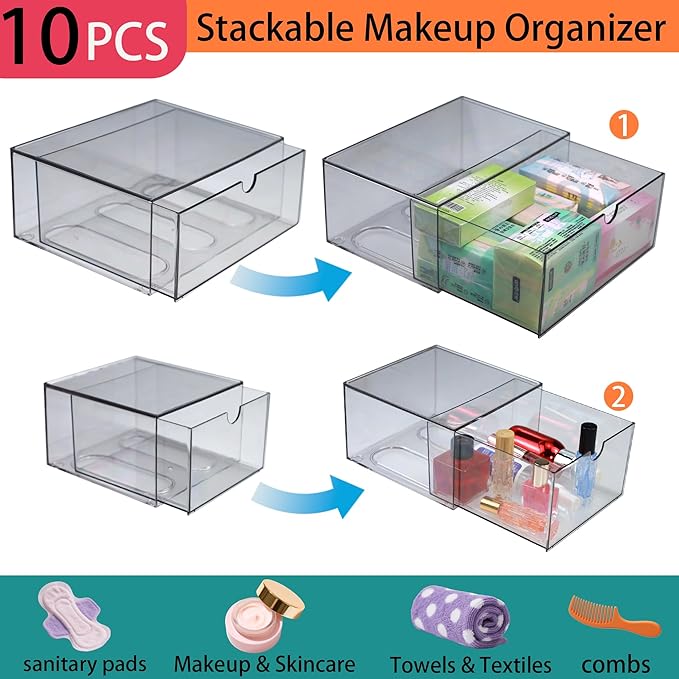 10 Pack Acrylic Makeup Organizer Clear Stackable Desk Organizers Dustproof Drawer for Make Up,Jewelry,Pen, Stationary-NeatNest