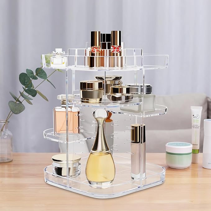 AMEITECH 360-Degree Makeup Organizer, DIY Adjustable Rotating Cosmetic Storage Carousel Spinning Holder Storage Rack with 5 Layers Large Capacity, Best for Countertop, Square