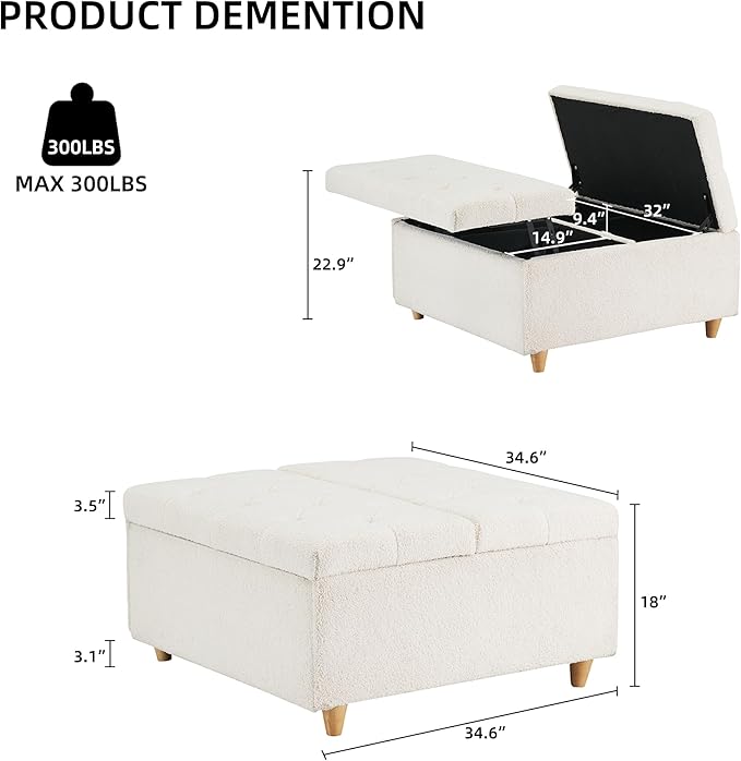GAOMON Sherpa Storage Ottoman Coffee Table with Lift Top, Sherpa Fabric Tufted Upholstered Ottoman with Storage, Large Square Storage Ottoman Bench for Bedroom Living Room(Sherpa, White)