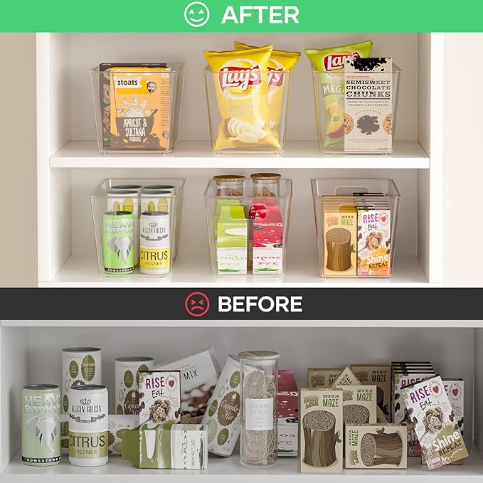 6 Pack Clear Plastic Storage Bins, 11" Large Pantry Organizer Bins with Handles, Plastic Containers for Refrigerator,BPA-Free Perfect for Kitchen,Fridge,Cabinet,Pantry,Bathroom,Closet Organization-NeatNest