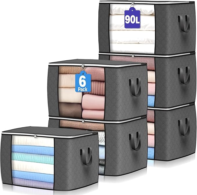 90 L Large Storage Bags, 6 Pack Clothes Storage Bins Foldable Closet Organizers Storage Containers with Reinforced Handle for Clothing, Blanket, Comforters, Bed Sheets, Pillows and Toys (Gray)-NeatNest