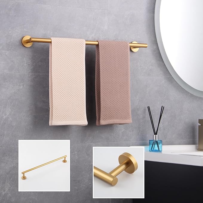 GERZWY 24-Inch Bathroom Towel Bar Gold Stainless Steel Modern Round Style Bath Hand Towel Rack Wall Mount AG1101C60-BE