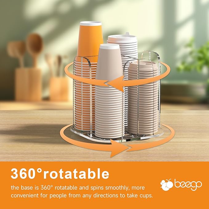 Beego Rotatable 4-Compartment Acrylic Cup Dispenser - Coffee Station Cup and Lid Carousel Countertop Plastic Cup Holder for Restaurant Breakroom Coffee Bar-NeatNest