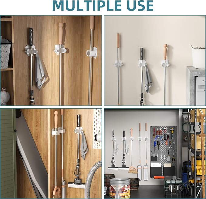 TAILI Mop and Broom Holder Wall Mount Grippers, 3 Hangers and 8 Adhesive Strips, Damage Free Hanging Wall Mount, Household Cleaning Organizer for Organization and Storage, Holds up to 4 lbs, White-NeatNest