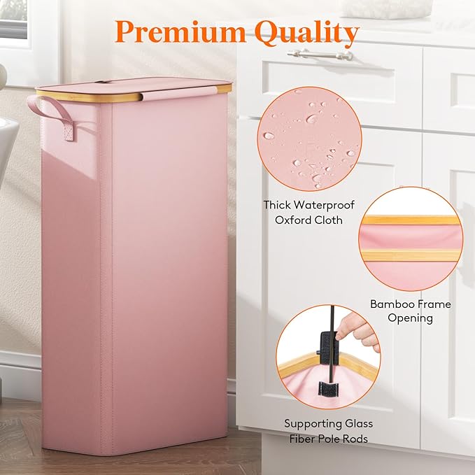 Lifewit 65L Slim Laundry Hamper with Lid, Narrow Laundry Basket with Removable Bag & Bamboo Handles, Fodable Thin Dirty Clothes Hamper for Laundry Collapsible Bin for Bathroom Bedroom Dorm, Pink-NeatNest