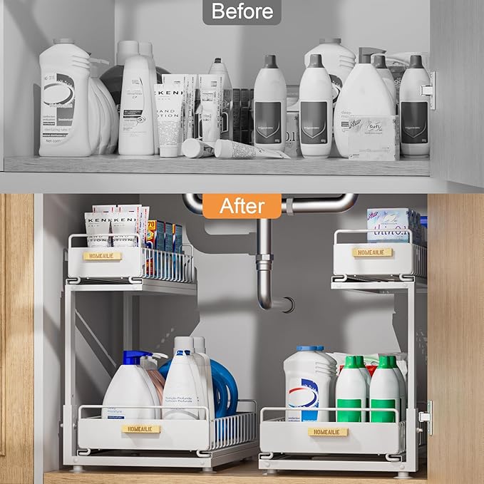 Under Sink Organizer, High Adjustable 2 Tier Under Kitchen Sink Organizer, Multi-Purpose Storage Shelf for Kitchen Bathroom Cabinet, White-NeatNest