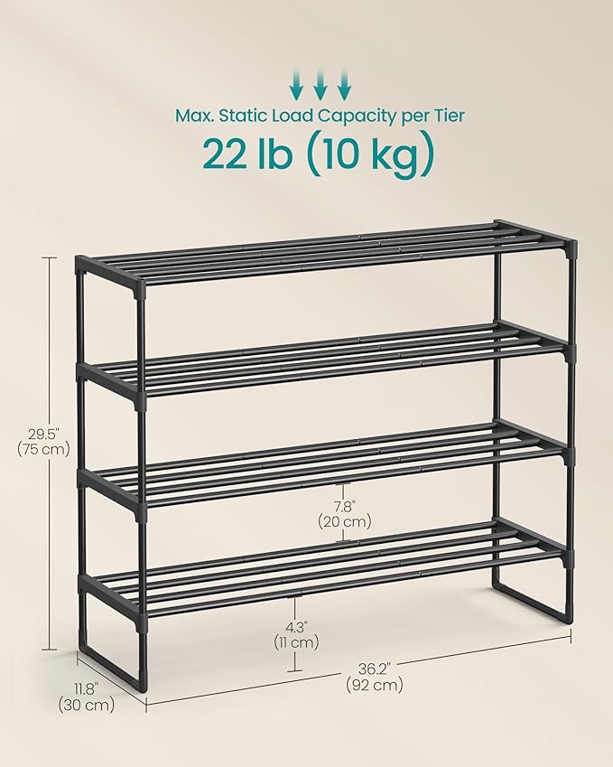 SONGMICS Shoe Rack, 4-Tier Shoe Organizer, Metal Storage Shelf, Upright or Upside Down, for 20-25 Pairs, Stackable, for Entryway, 11.8 x 36.2 x 29.5 Inches, Black ULSA14BK-NeatNest