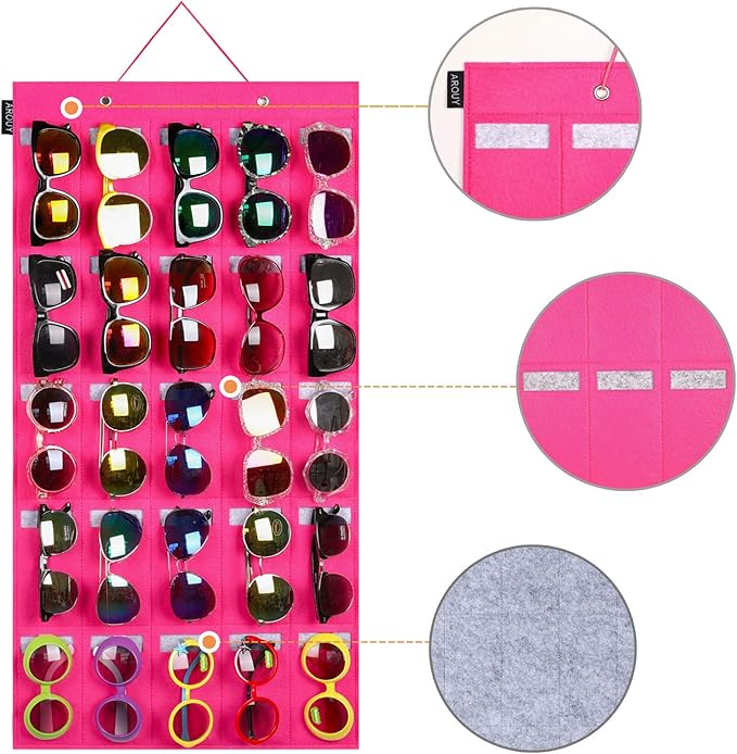 AROUY Sunglasses Organizer - Hanging Wall Pocket with 25 Felt Slots - Sturdy Rope (Large, Rose)-NeatNest