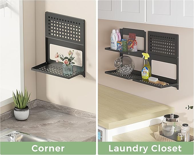 2-Tier Folding Metal Shelf Wall Mounted | Small Foldable Wall Shelf | Dorp Down | Combined Stackable | Double Layer Small Floating Shelf for Laundry Room Bathroom Utility RV | 13.4" (Black)