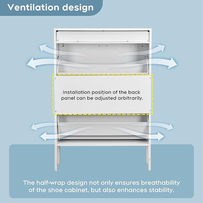 Brafab Shoe Storage Cabinet with 2 Flip Drawers&1 Small Drawer, Slim Entryway Shoe Organizer with Sun Pattern Doors for Leather Shoes,Pure White-NeatNest
