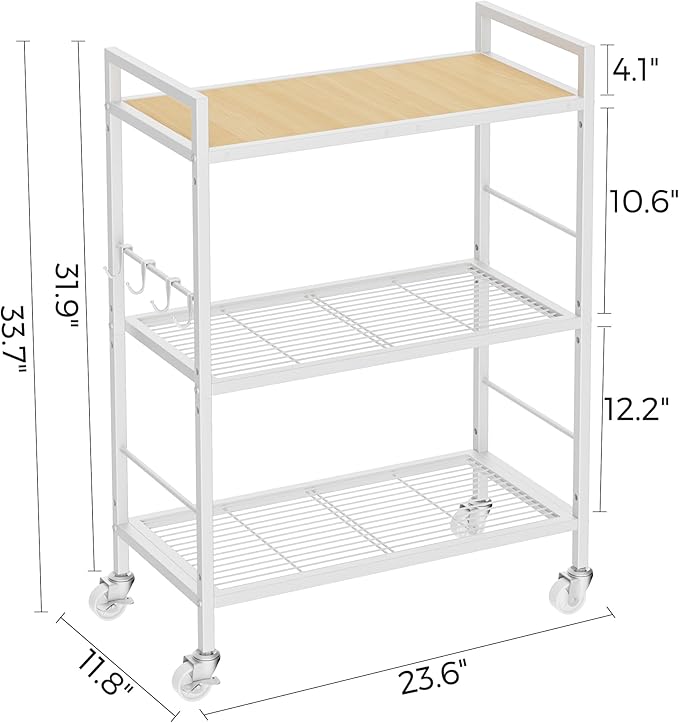 3-Tier Metal Storage Rack with Industrial Wheels,Mesh Shelving Unit with Wooden Table top,Adjustable Shelf,23.6-Inch Width,for Kitchen,Laundry,Pantry,Plant,Oak Panel and White Frame
