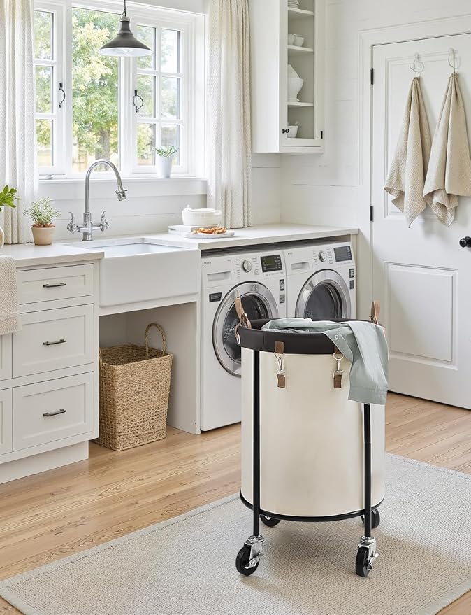 StorageWorks 110L Rolling Laundry Basket, Clothes Hamper with Wheels, Round Clothing Cart with Steel Frame and Removable Bag, 4 Casters and 2 Brakes, Beige, 1-Pack