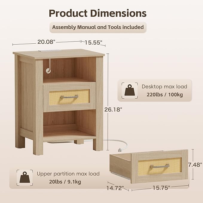 JUMMICO 26.18" End Table with Charging Station and Rattan Drawers, Farmhouse Nighstand, Wooden Storage Bedside Table, Living Room, Bedroom(1, Light Oak)
